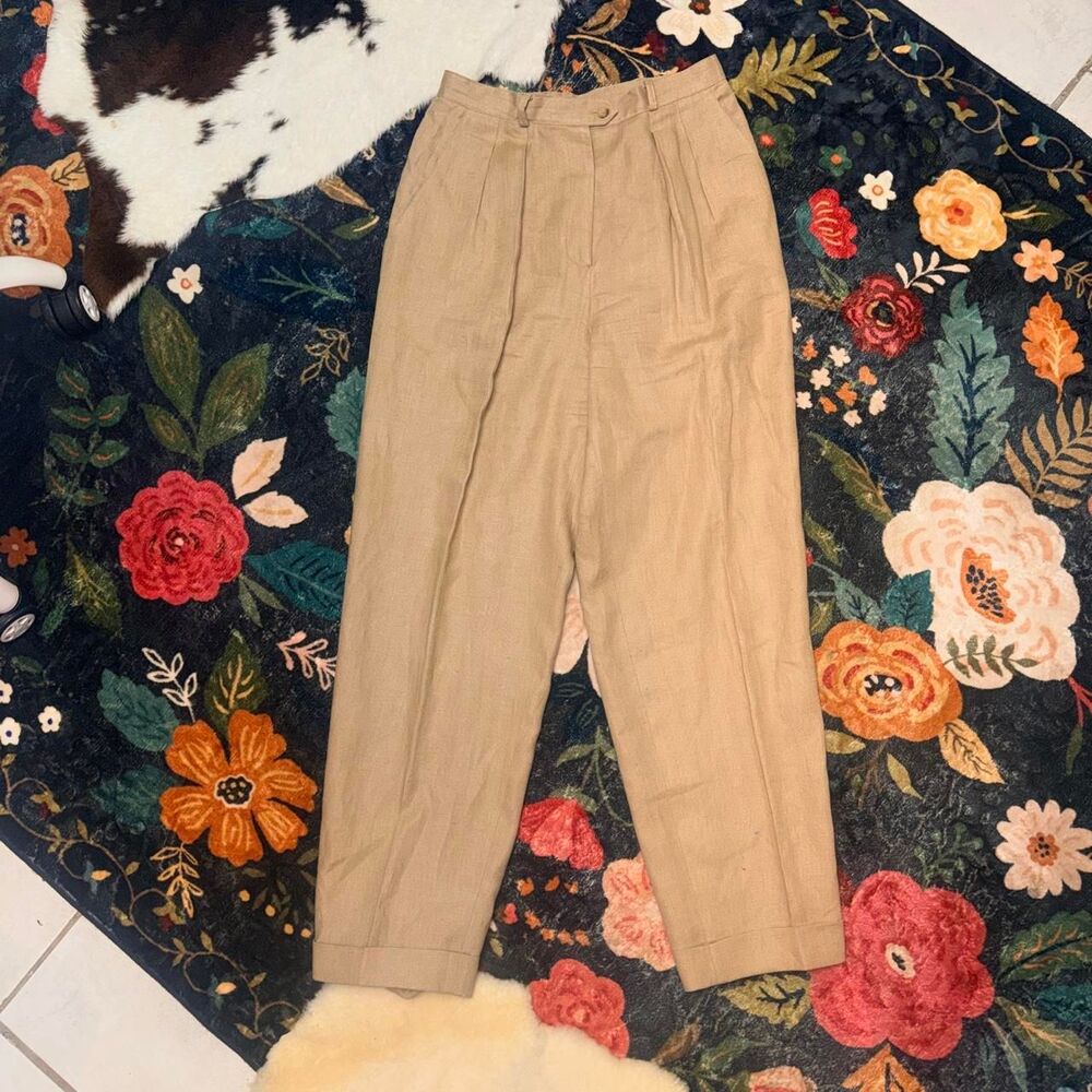 Vintage Lauren Ralph Lauren 100% Linen Pleated Trousers Khaki Tan 8